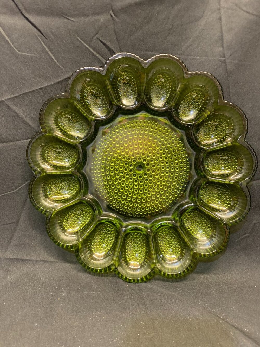 VTG Indiana Glass Olive Green Hobnail Deviled Egg Plate Hobnail Texture Patter